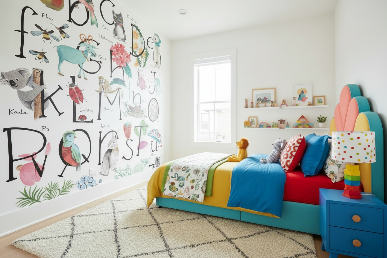 ABC Illustration Wall Mural - Blue Nightstand & Kids Lamp