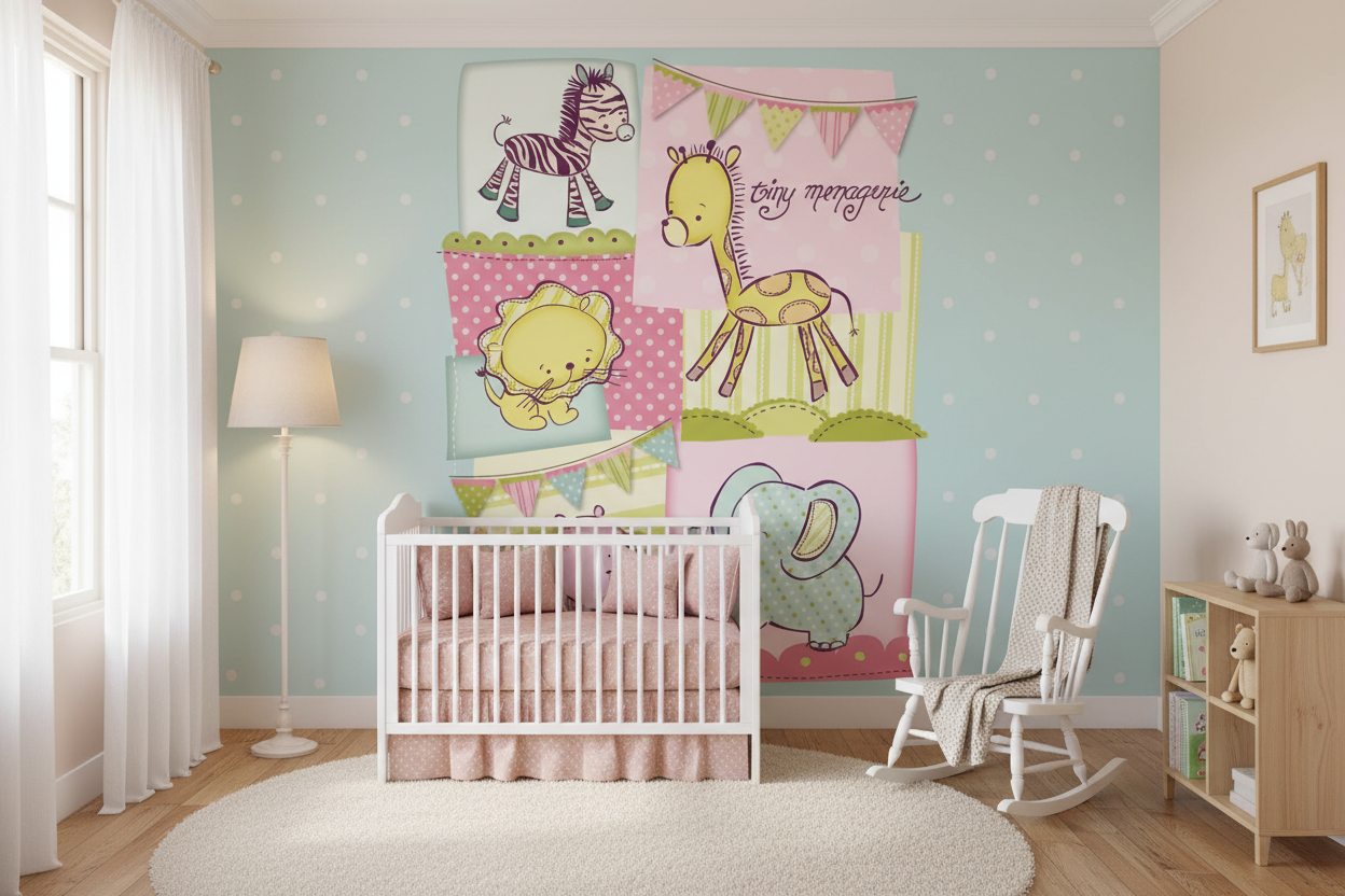 Nursery with Tiny Menagerie Quilted Collage - Pink Wall Mural