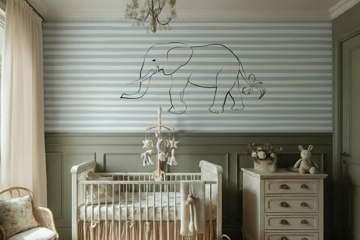 Stripe Elephant Nursery - With Crib Mobile