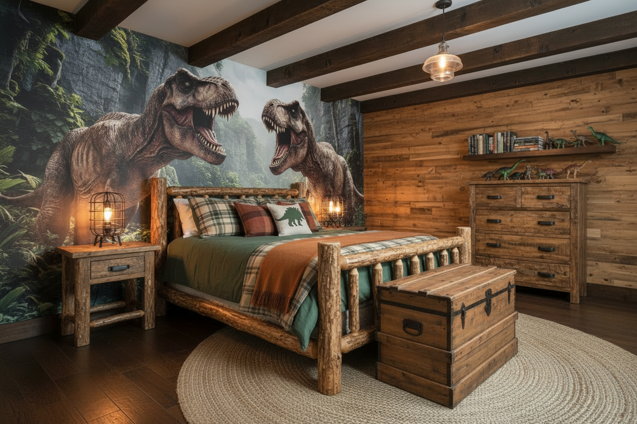 T-Rex Boys Room - Rustic Log Cabin Walls